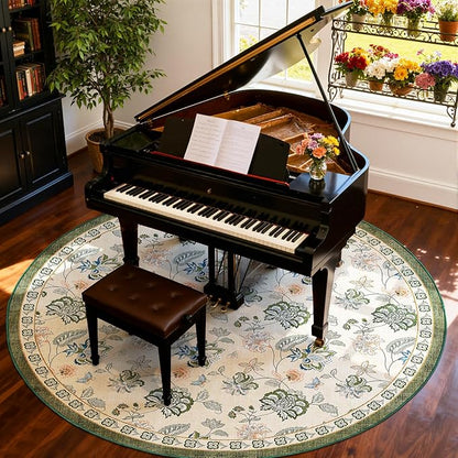 jinchan Elora 8ft Floral Round Rug for Washable Living Room Rug Vintage Romance Christmas Design Non Slip Indoor Floor Cover Lightweight Low-Profile Throw Carpet for Porch Patio, Green/Beige