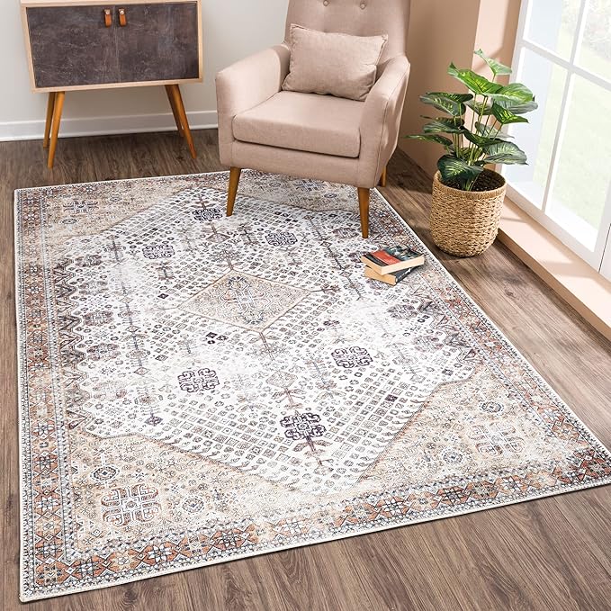 Bloom Rugs Washable Non-Slip 5' x 7' Rug - Sand/Orange/Purple Traditional Medallion Area Rug for Living Room, Bedroom, Dining Room, and Kitchen - Exact Size: 5' x 7'