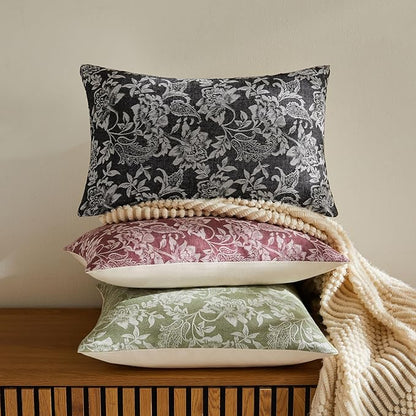 Floral Jacquard Lumbar Throw Pillow Covers Set of 2, Background/Charcoal 12x20 Inch, Farmhouse Decorative Cotton Dark Grey Cushion Covers for Sofa Bed Living Room Home Decor