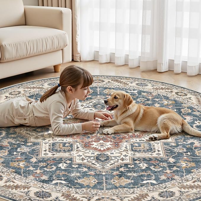 8ft Round Vintage Living Room Area Rug - 8x8 Large Soft Washable Oriental Traditional Distressed Farmhouse Rugs for Bedroom - Indoor Floor Accent Carpet for Home Office House Decor - Vintage Blue