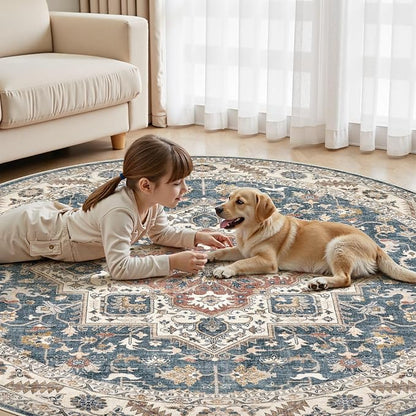 8ft Round Vintage Living Room Area Rug - 8x8 Large Soft Washable Oriental Traditional Distressed Farmhouse Rugs for Bedroom - Indoor Floor Accent Carpet for Home Office House Decor - Vintage Blue