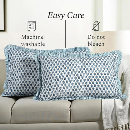 CPC Apatite Blue 100% Cotton Block Print Ruffle Sham Cover 20X30 inch Pack of 2, Handmade Boho Floral Pillowcase, Soft Decorative Lumar Cushion Cover for Bedroom Décor