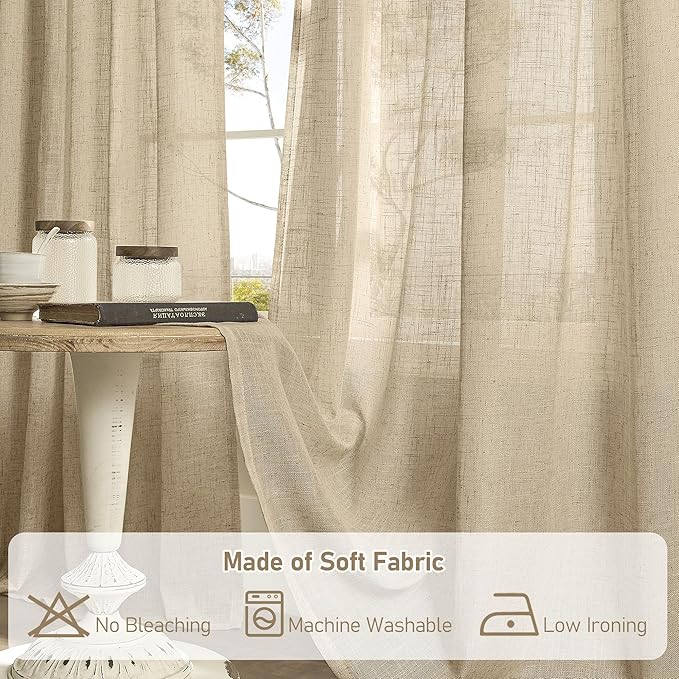 LAMIT Semi Sheer Linen Curtains 54 Inch Length 2 Panels, Brown Light Filtering Panels Back Tab and Rod Pocket Neutral Drapes for Kitchen/Window/Bedroom, 52 x 54 Inch