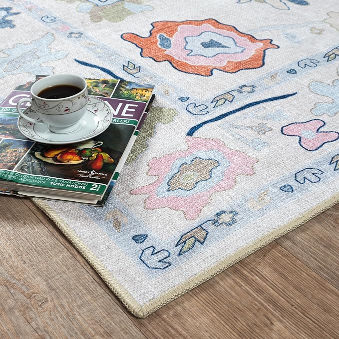 Fame Living Cream Oushak Rug, Modern, Vintage, Turkish, Eclectic, Floral, Pastel, Washable, Area Rugs for Living Room, Dining, Bedroom, Nursery, Girls, Boys, 5'9"x8'9"