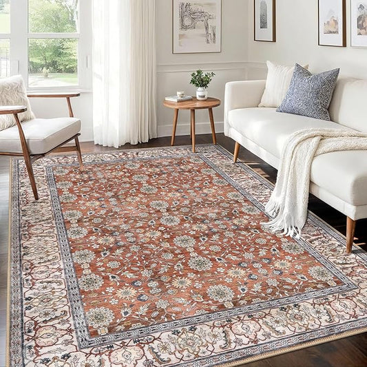 KUTA 5x7 Area Rugs, Vintage Terracotta Washable Rugs for Living Room Ultra Thin Soft Non-Slip Printed Distressed Tribal Traditional Farmhouse Carpet for Bedroom Dining Room Dorm Office Home