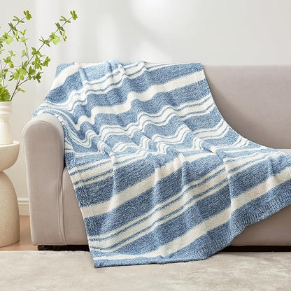 Snuggle Sac Knitted Throw Blanket for Couch, Reversible Super Soft Microfiber Blankets Warm Cozy Knit Fuzzy Plush Lightweight Throws for Sofa, Bed, Camping, Picnic, Stripe Blue, 50 x 60 inches