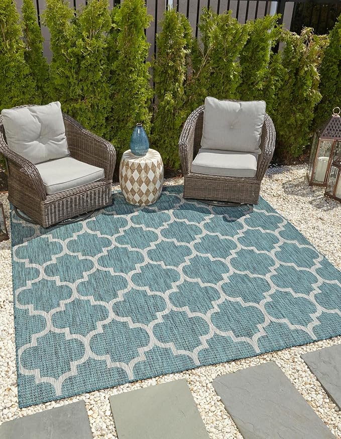 Unique Loom Outdoor Trellis Collection Area Rug - Trellis (Square 13' 0" x 13' 0", Teal/ Gray)