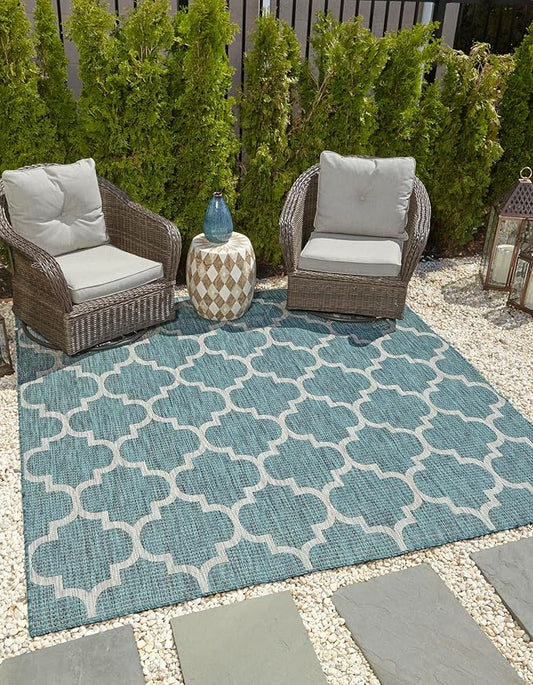 Unique Loom Outdoor Trellis Collection Area Rug (5' 1" Square, Teal/ Gray)