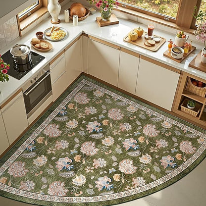 jinchan Elora Floral Corner Rug for Living Room Washable Rug Vintage Romance Christmas Design Non Slip Quarter Circle Lightweight Low-Pile Throw Carpet for Reading Nook Playroom, 6ft Radius, Green
