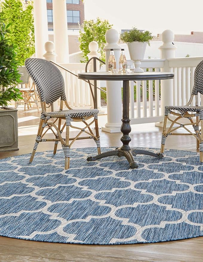 Unique Loom Outdoor Trellis Collection Area Rug (10' Round Navy Blue/Ivory)