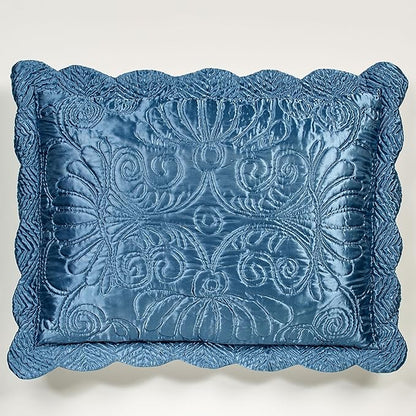 Touch of Class Portia Luxury Bedding | Rich Sapphire Blue | Premier Quilted Polyester Satin | Romantic Hand Guided Machine Quilted Scroll Design 3 Piece Set: King Oversized Bedspread, 2 King Shams