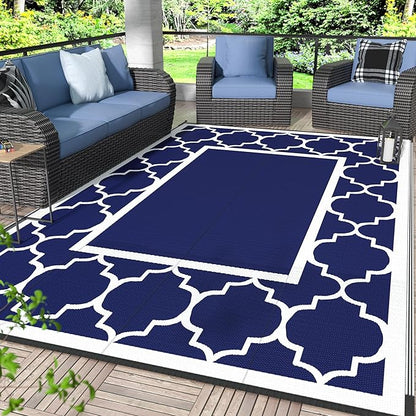 GENIMO 6' x 9' Outdoor Rug Waterproof for Patio Fall Decor, Foldable Reversible Plastic Straw Area Rugs Mat for Camper, Outside Carpet for Rv, Deck, Porch, Picnic, Beach, Balcony, Blue & White