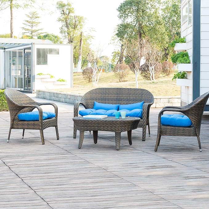 QILLOWAY Outdoor Patio Wicker Seat Cushions Group Loveseat/Two U-Shape/Two Lumbar Pillows for Patio Furniture,Wicker Loveseat,Bench,Porch,Settee of 5 (Beige/Sand/Camel)