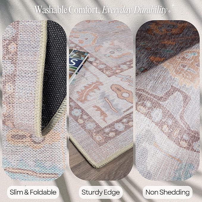Fame Rugs Brown Modern Oushak Rug 2'6"x7', Washable Vintage Turkish Colorful Oriental Antique Inspired Foldable Small Runner Rugs, Luxury Living Room Bedroom (382MB, 2'6" x 7')