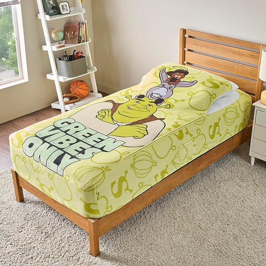 ZippySack Twin Bed Zip-Up Bedding – Super Soft Fleece Fitted Blanket with Side Pocket & Durable Zipper – Easy Bed-Making for Kids (Shrek)