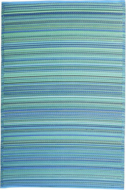 Fab Habitat Outdoor Rug - Waterproof, Fade Resistant, Crease-Free - Premium Recycled Plastic - Striped - Large Patio, Deck, Sunroom, Camping, RV - Cancun - Turquoise & Moss Green - 6 x 9 ft
