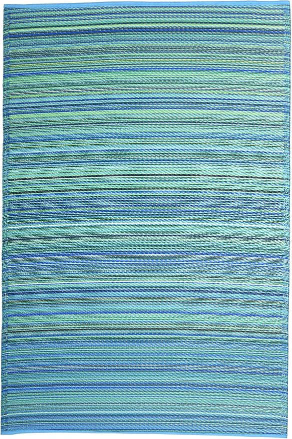 Fab Habitat Striped Outdoor Rug - Waterproof, Fade Resistant, Crease-Free, Reversible - Premium Recycled Plastic - Patio Porch Balcony Deck - Cancun TurquoiseMoss Green - 8x10 ft