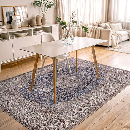 Bloom Rugs Washable Non-Slip 5' x 7' Rug - Dark Blue/Beige Traditional Medallion Area Rug for Living Room, Bedroom, Dining Room, and Kitchen - Exact Size: 5' x 7'