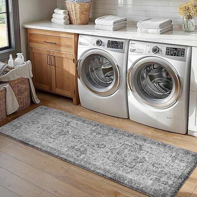 GENIMO Kitchen Mats for Floor 2PCs, Washable Anti Fatigue Mat for Cushioned, 17.3"x59"+17.3"x30", Waterproof Kitchen Rugs, Non Slip Standing Mat Rug for Home, Runner, Sink, Laundry, Vintage Grey