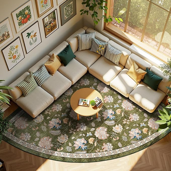 jinchan Elora Floral Corner Rug for Living Room Washable Rug Vintage Romance Christmas Design Non Slip Quarter Circle Lightweight Low-Pile Throw Carpet for Reading Nook Playroom, 7ft Radius, Green