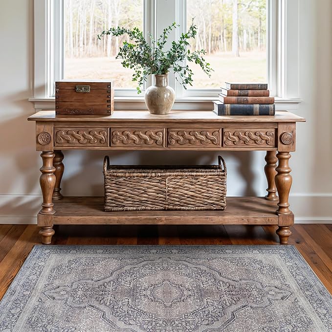 Bloom Rugs Washable Non-Slip 3' x 5' Rug - Blue/Steel Gray/Beige Traditional Medallion Area Rug for Living Room, Bedroom, Dining Room, and Kitchen - Exact Size: 3' x 5'
