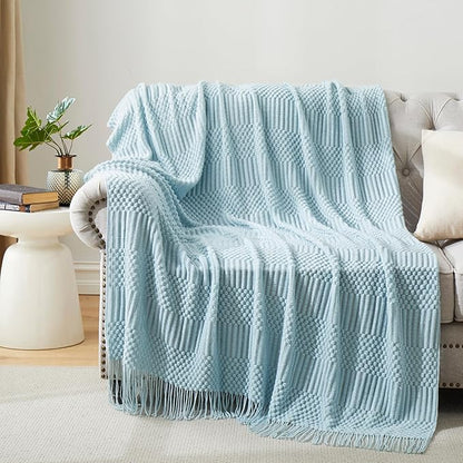 Light Blue Knitted Decorative Ball Throw Blankets for Couch, Bedroom and Officeroom,Textured Fade Resistant Soft and Warm Knit Blanket with Tassel,50"x60"