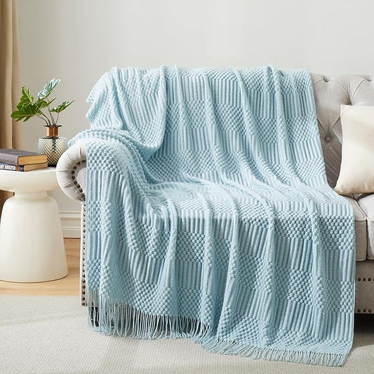 Light Blue Knitted Decorative Ball Throw Blankets for Couch, Bedroom and Officeroom,Textured Fade Resistant Soft and Warm Knit Blanket with Tassel,50"x60"