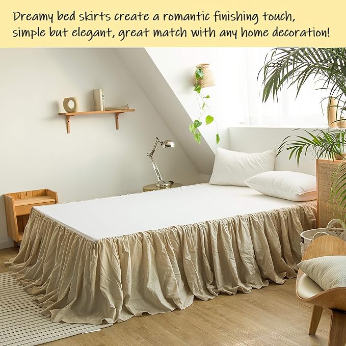 BISELINA French Linen Bed Skirt with Pleated Frills 22-Inch Tailored Drop Natural Flax Cotton Blend Dust Ruffle Soft Cozy Farmhouse Bedding (22" King, Linen)