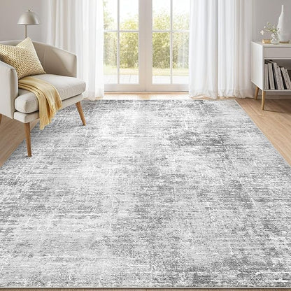 Abstract Living Room Rug 7x9 - Modern Washable Soft Thin Area Rug for Living Room Bedroom Under Dining Table - Neutral Indoor Floor Rug Carpets for Home Office Playroom Nursery - Grey White