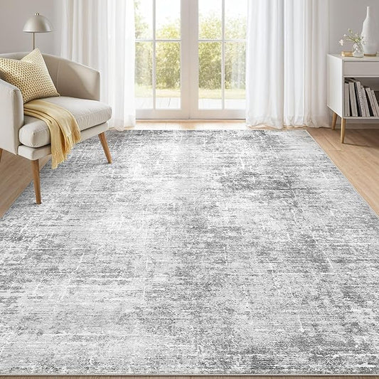 Abstract Living Room Rug 7x9 - Modern Washable Soft Thin Area Rug for Living Room Bedroom Under Dining Table - Neutral Indoor Floor Rug Carpets for Home Office Playroom Nursery - Grey White