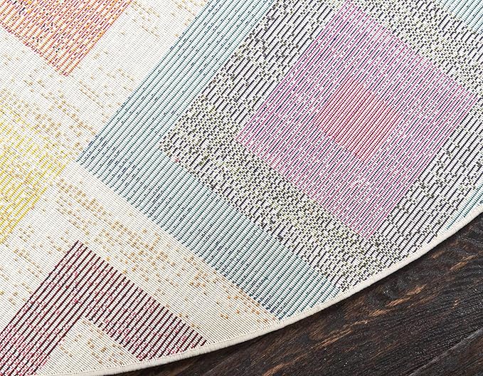 Unique Loom Estrella Collection Colorful, Geometric, Squares Modern, Abstract Area Rug (8' 0 x 8' 0 Round, Multi/Beige)