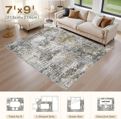 Abstract Living Room Rug 7x9 - Modern Washable Soft Thin Area Rug for Living Room Bedroom Under Dining Table - Neutral Indoor Floor Rug Carpets for Home Office Playroom Nursery - Black Gold