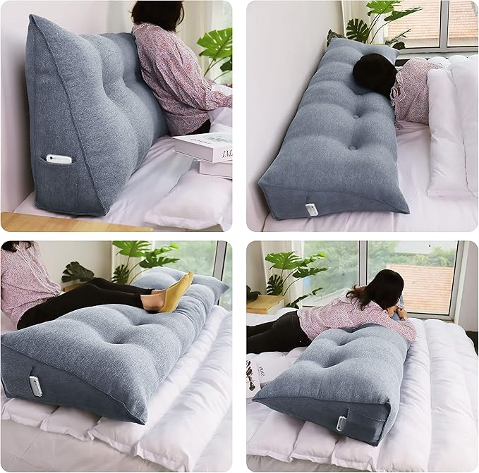Wedge Headboard Pillow Dorm Room Reading Pillow Back Support for Sitting Up in Bed Bolster Lumbar Cushion Body Positioning Bedrest Gift for Mom Cotton Linen 76in Gray King