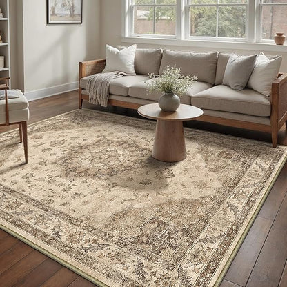 Brown Area Rug 6x9 Washable Vintage Carpet for Living Room Bedroom Large Soft Retro Low Pile Thin Indoor Rug Non Slip Oriental Medallion Floor Cover for Dining Room Office