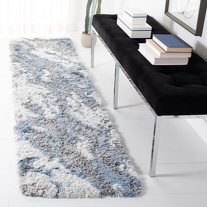 SAFAVIEH Horizon Shag Collection Runner Rug - 2' x 17', Grey & Blue, Modern Abstract Design, Non-Shedding & Easy Care, 2-inch Thick Ideal for High Traffic Areas in Living Room, Bedroom (HZN890G)