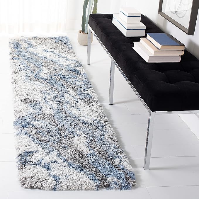 SAFAVIEH Horizon Shag Collection Runner Rug - 2' x 13', Grey & Blue, Modern Abstract Design, Non-Shedding & Easy Care, 2-inch Thick Ideal for High Traffic Areas in Living Room, Bedroom (HZN890G)