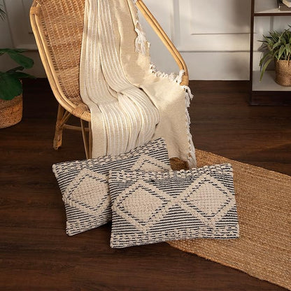 REDEARTH · Boho Textured Throw Pillow Cushion Covers- Lumbar Woven Tufted Decorative Farmhouse Cases Set for Couch, Sofa, Bed, Chair, Dining, Patio, Outdoor; 100% Cotton (12"x20", Gray) Pack of 2