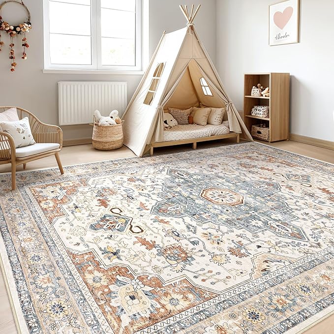5x8 Area Rug Living Room: Washable Boho Large Neutral Vintage Soft Rugs Stain Resistant Distressed Farmhouse Non-Slip Indoor Floor Carpet for Bedroom Nursery Kids Office Dining Room- Beige Blue