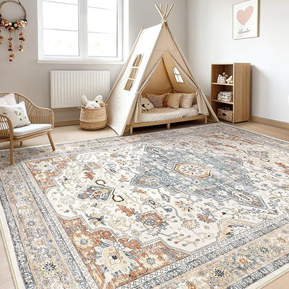 12x18 Rug Living Room: Washable Boho Large Neutral Vintage Soft Area Rug Stain Resistant Distressed Non-Slip Indoor Floor Carpet for Bedroom Nursery Playroom Office Dining Room- Beige Blue