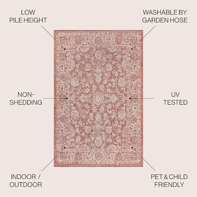 JONATHAN Y Weave Floral Indoor Outdoor Square Area Rug 9X9 Red/Taupe, Tela Bohemian Textured for Backyard, Patio, Porch, Easy-Cleaning, High Traffic, Pet-Friendly, Non-Shedding (SMB100A-9SQ)