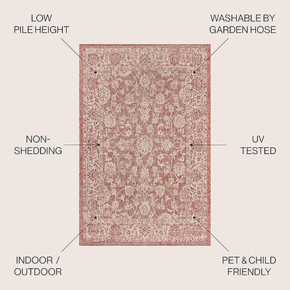 JONATHAN Y Weave Floral Indoor Outdoor Square Area Rug 8X8 Red/Taupe, Tela Bohemian Textured for Backyard, Patio, Porch, Easy-Cleaning, High Traffic, Pet-Friendly, Non-Shedding (SMB100A-8SQ)
