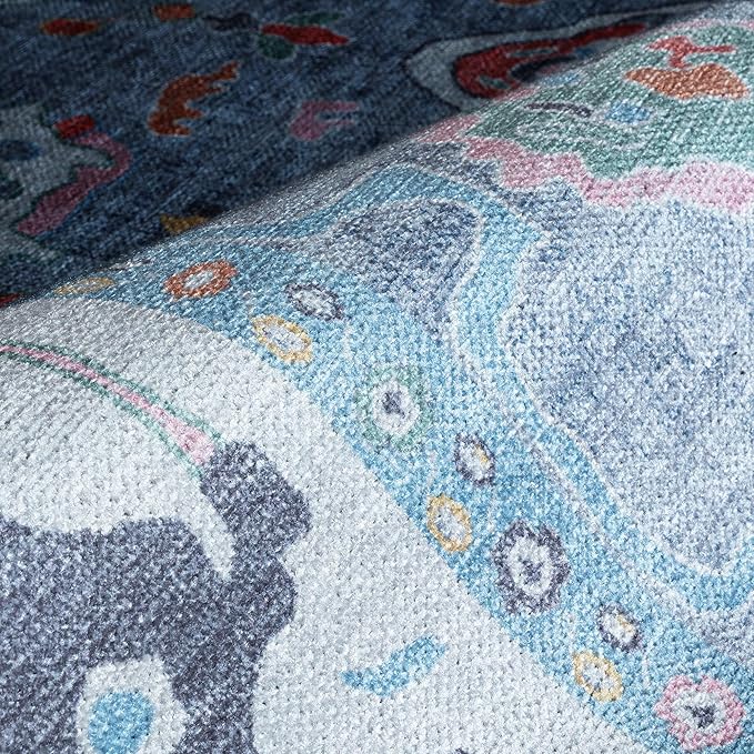 Fame Rugs Blue Modern Oushak Rug 3x5, Washable Vintage Turkish Colorful Oriental Antique Inspired Foldable Small Area Rugs, Luxury Living Room Bedroom (381LB, 2'6" x 5')