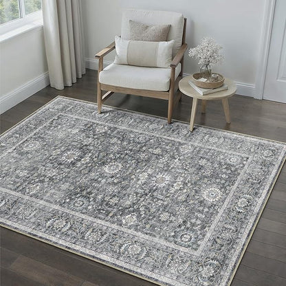 Blue 3x5 Area Rug Non Slip Vintage Office Entryway Rug Distressed Machine Washable Kitchen Carpet Retro Traditional Floral Accent Throw Door Mat for Bedroom Bathroom Dining Living Room