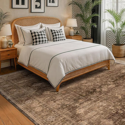 Brown Rug for Living Room 10x14 - Extra Large Vintage Western Unique Neutral Taupe, Washable Low Pile Non-Slip Soft Thin Area Rug for Dining Under Table, Bedroom Under Bed, Home Office