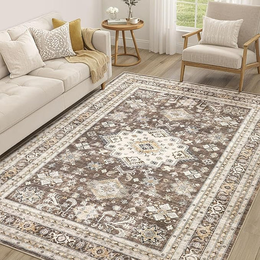 Vintage Living Room Area Rug 7x9 - Large Soft Washable Oriental Traditional Distressed Farmhouse Rugs for Bedroom - Indoor Floor Accent Carpet for Home Office House Decor - Dark Brown