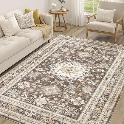 Vintage Living Room Area Rug 5x7 - Large Soft Washable Oriental Traditional Distressed Farmhouse Rugs for Bedroom - Indoor Floor Accent Carpet for Home Office House Decor - Dark Brown