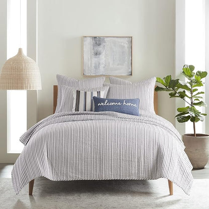 Levtex Home - Tobago Stripe Charcoal - Quilted Charcoal and White Shams Set of Two (26x26in.), No Insert - Pin Stripe - Cotton Fabric