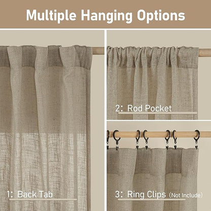 LAMIT Taupe Linen Curtains 24 Inch Length for Cafe, Semi Sheer Light Filtering Panels Back Tab and Rod Pocket Small Window Drapes for Basement, 2 Panels, 34 x 24 Inch