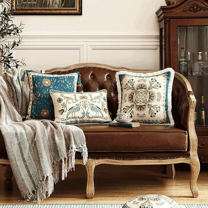 patdrea Designer Square Throw Pillow Covers,French Vintage Blue Farmhouse Linen Floral Pattern Pillow Cover,Decorative Pillowcases Cushion for Bed Living Room Outdoor Car,18"x18"