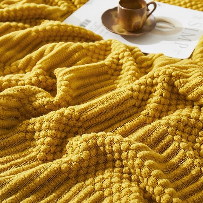 Mustard Yellow Knitted Throw Blankets for Couch, Bedroom and Officeroom,Textured Fade Resistant Soft and Warm Decorative Knitted Blankets with Tassel,50"x60"